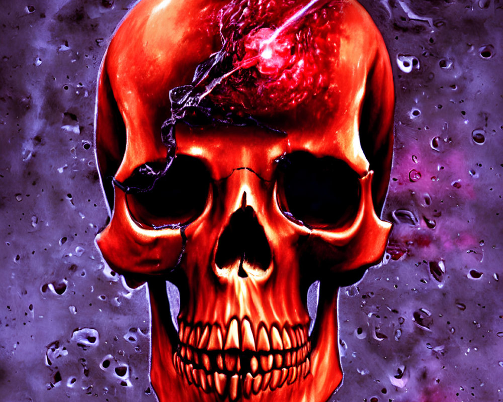 Vibrant red human skull with crack, dark eye sockets, on purple backdrop with water droplets