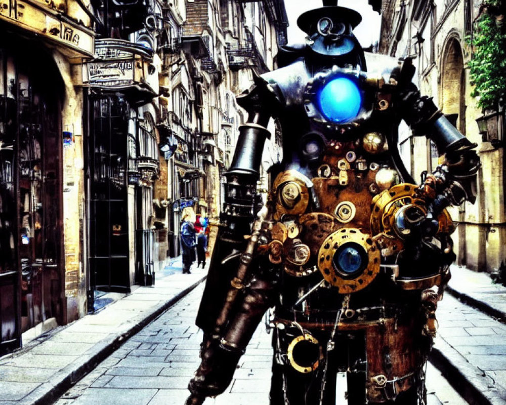 Steampunk-style robot on cobbled street with old buildings