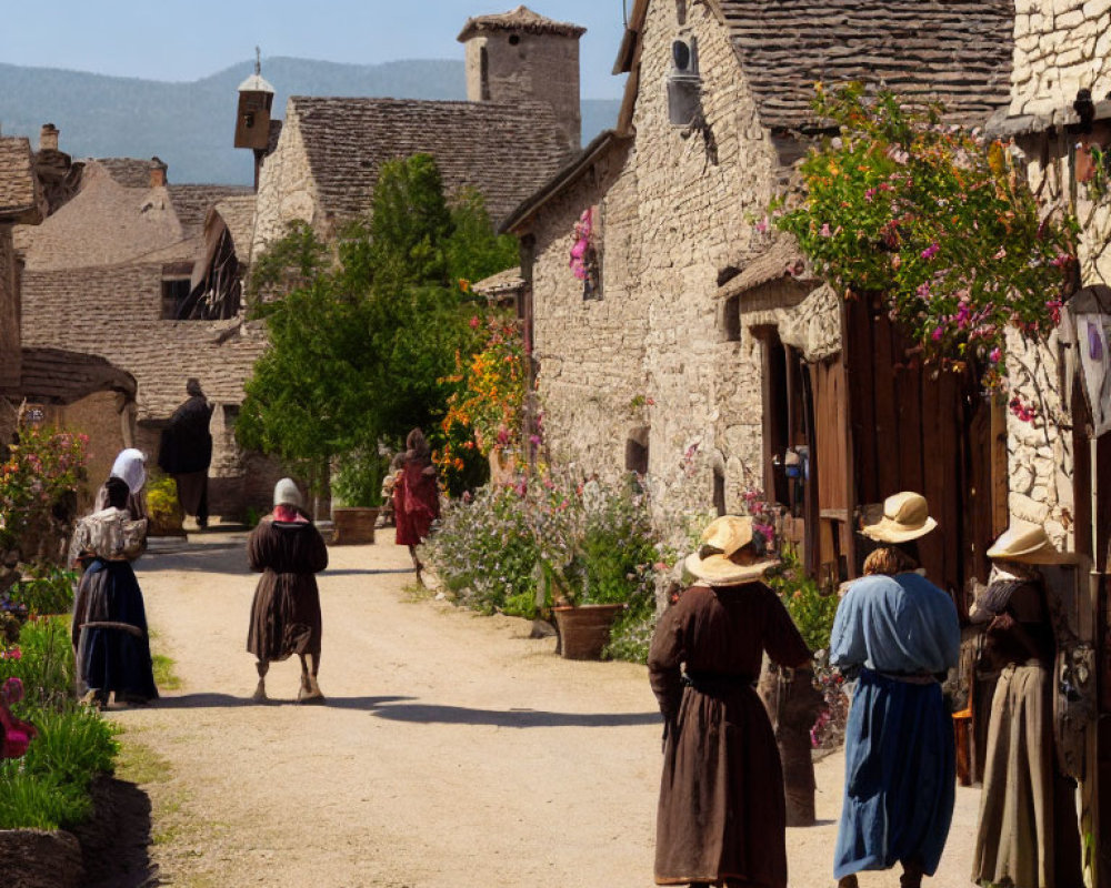 Traditional clothing parade in rustic village with stone buildings and blooming flowers