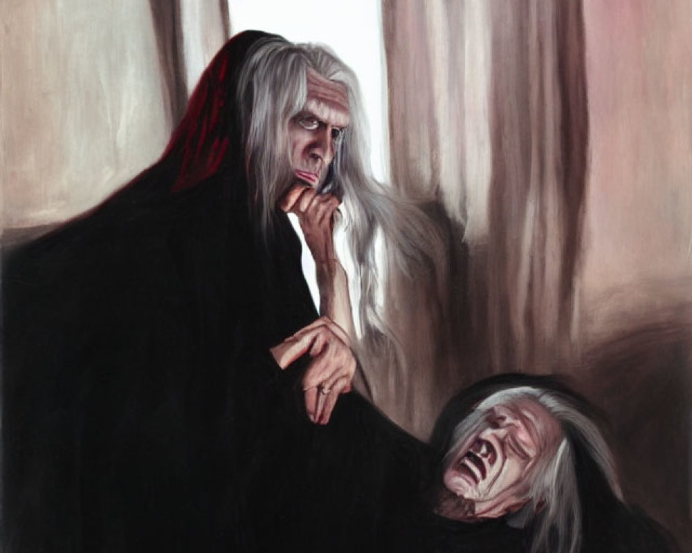 Identical figures with long white hair and black cloaks in contrasting poses