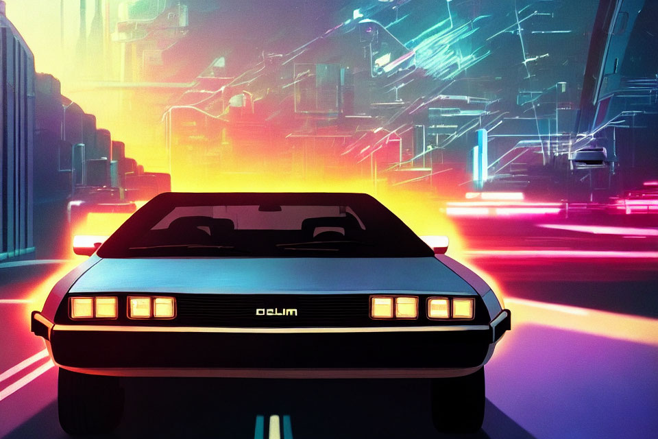 Retro-futuristic car with glowing headlights in neon-lit cyberpunk cityscape