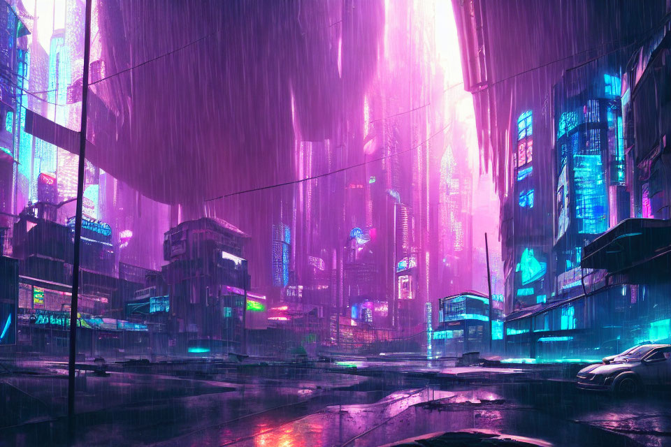 Futuristic night cityscape in heavy rain with neon signs