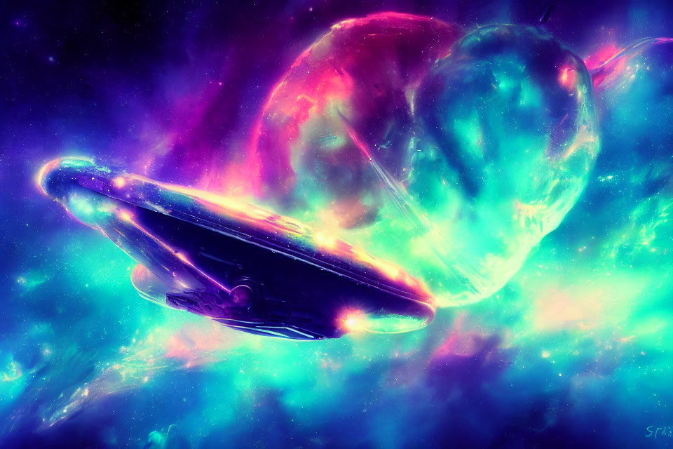 Colorful digital artwork: Spaceship in nebula with celestial bubble-like bodies