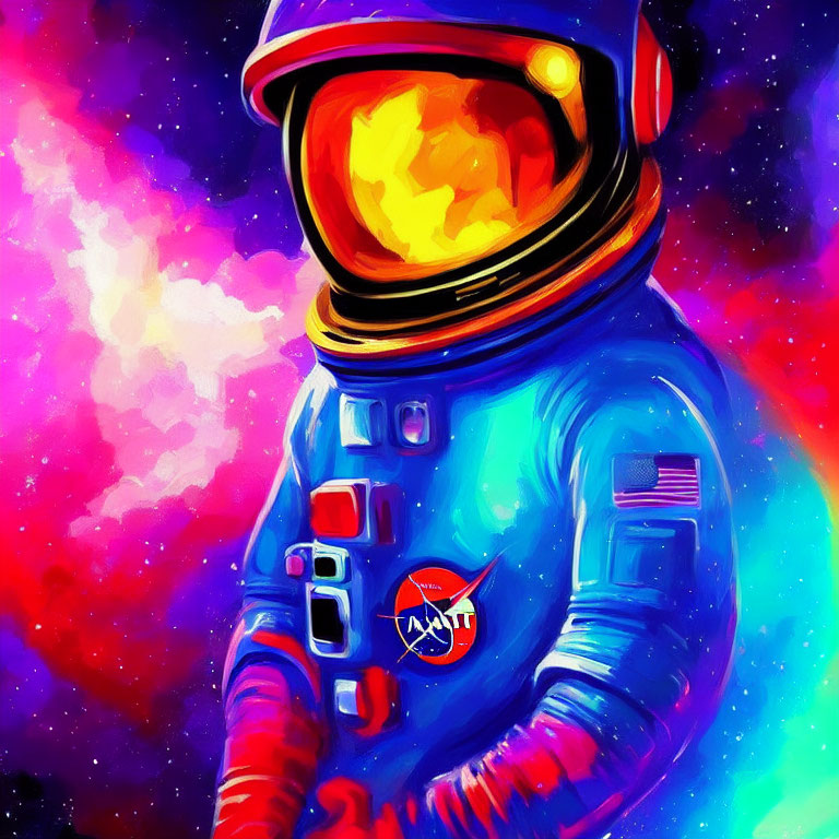 Colorful astronaut artwork with golden visor in cosmic setting