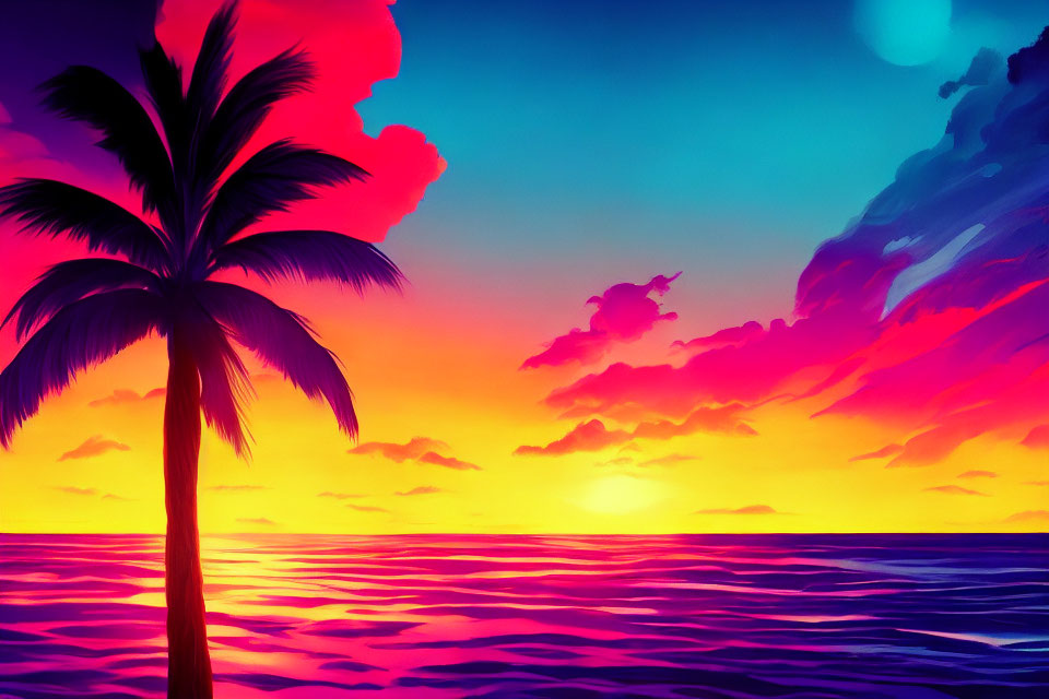 Tropical sunset digital art with palm tree silhouette