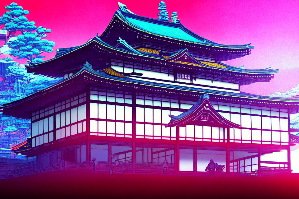 Traditional Japanese Building with Pink Sky and Silhouettes.