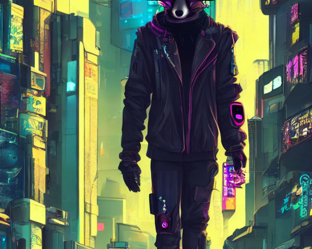 Anthropomorphic Fox Character in Futuristic Cityscape with Neon Pink Glasses