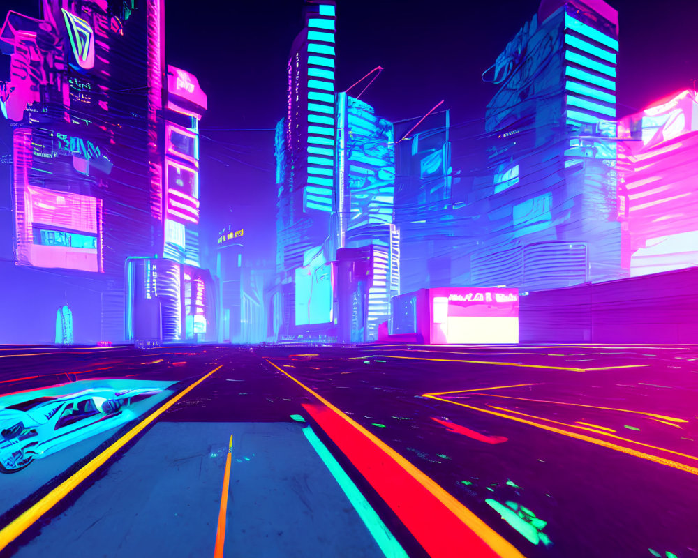 Neon-lit futuristic cityscape with glowing skyscrapers at twilight