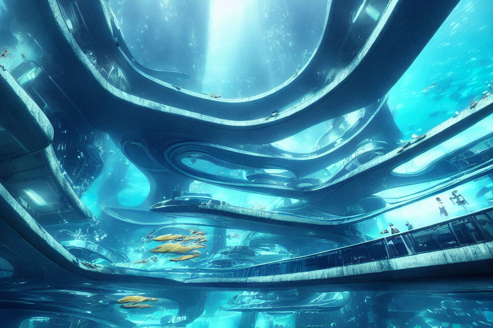 Futuristic underwater structure with dome-like features and marine life