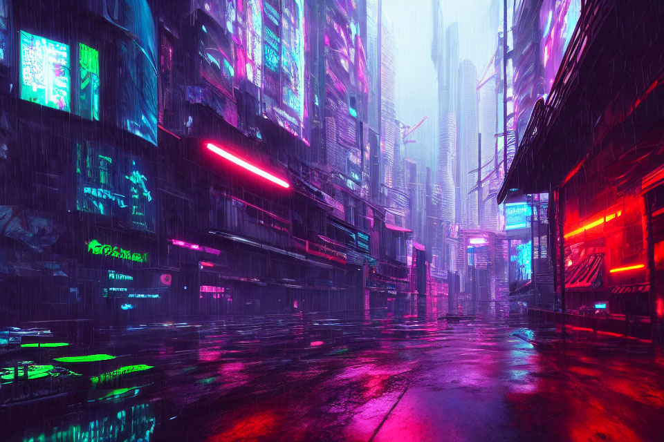 Vibrant neon futuristic cityscape in the rain