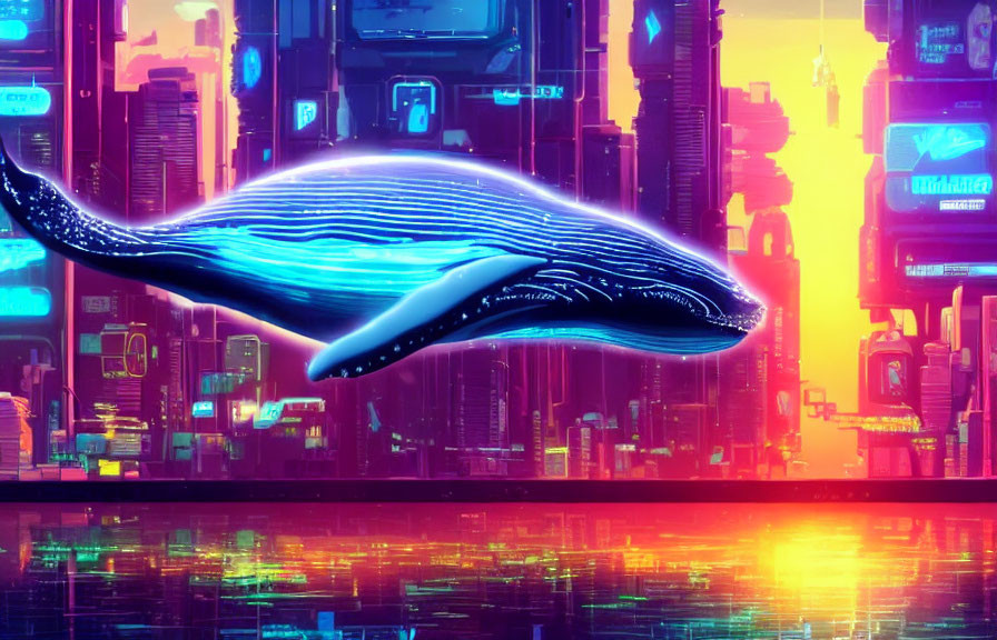 Glowing blue whale in neon-lit futuristic cityscape