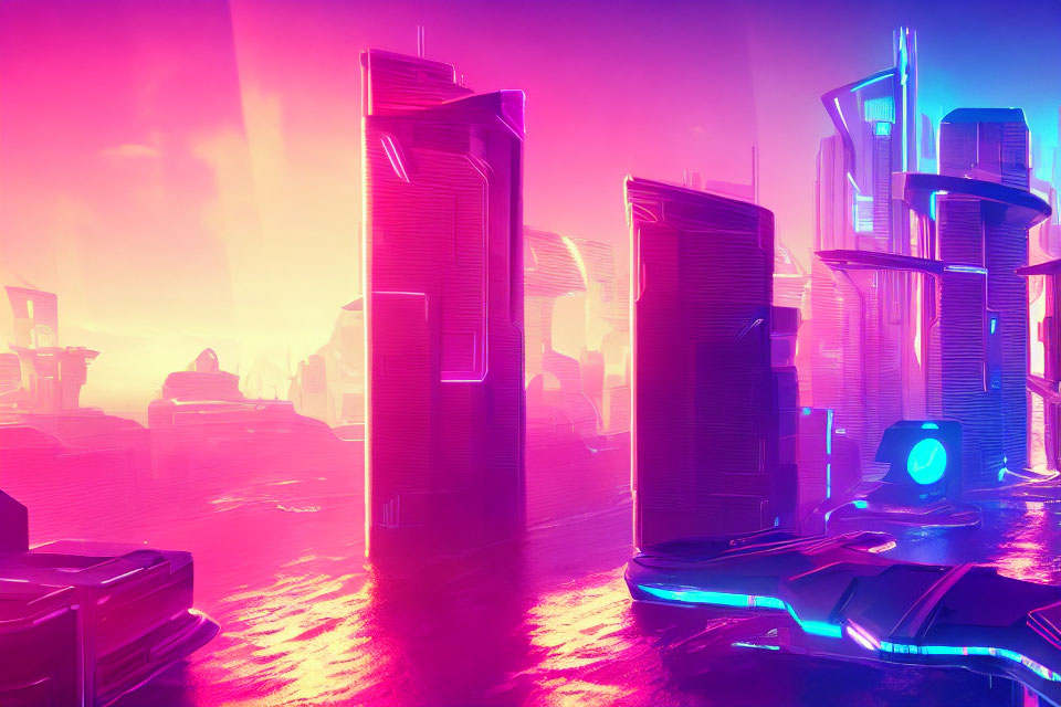 Pink and Purple Neon-Lit Futuristic Cityscape with Hazy Sky