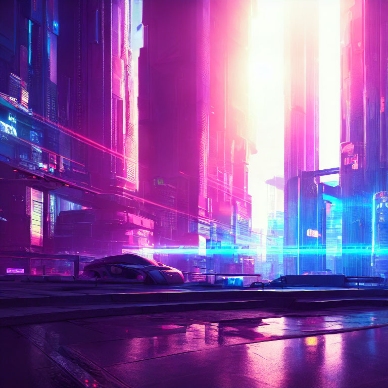 Futuristic cityscape at twilight with neon lights and skyscrapers