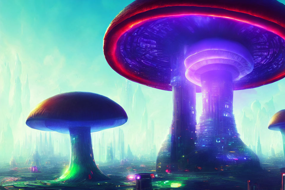 Alien landscape digital artwork with glowing mushroom structures