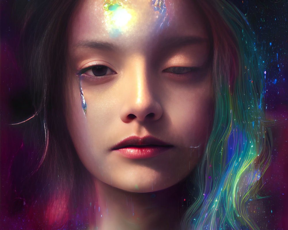 Surreal portrait of woman with galaxy-themed complexion and cosmic hair against starry backdrop