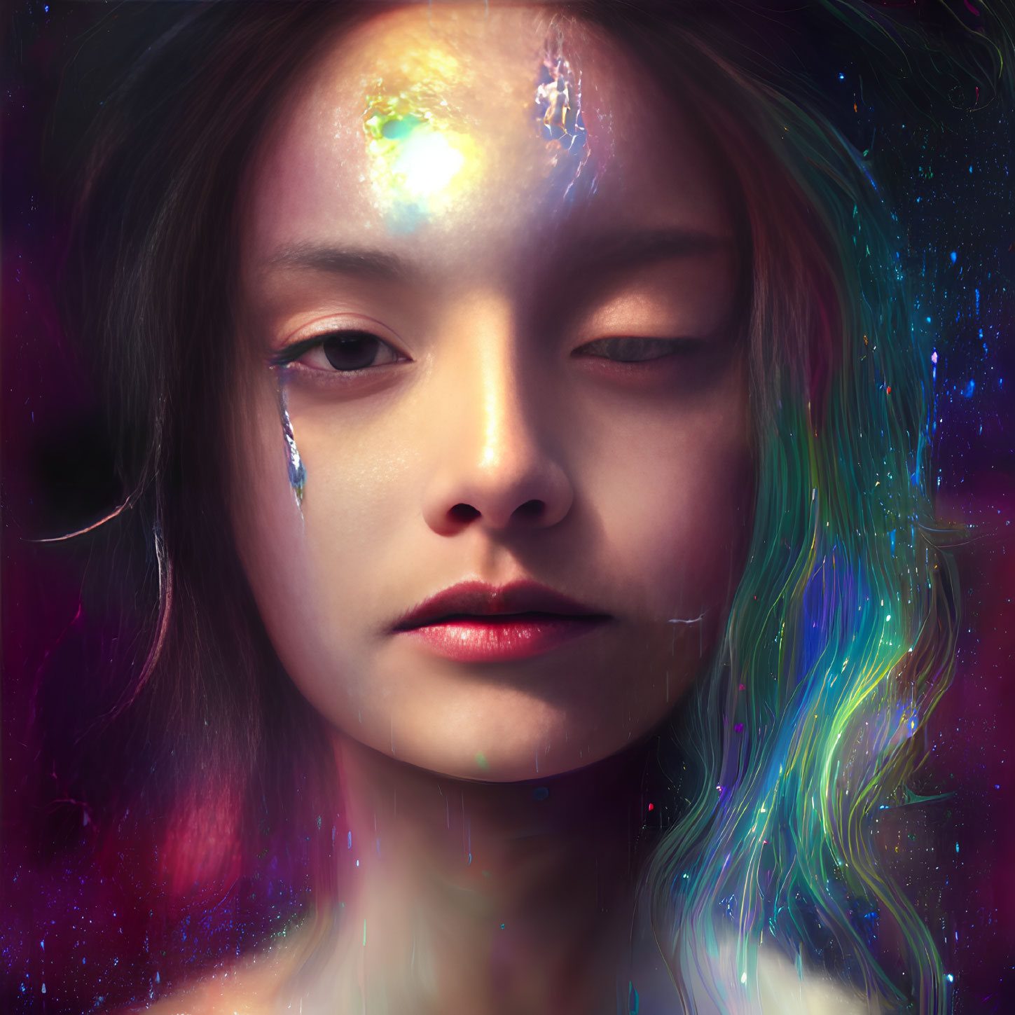 Surreal portrait of woman with galaxy-themed complexion and cosmic hair against starry backdrop