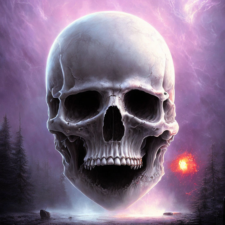 Hyper-realistic giant skull in misty purple forest with figure and red orb.