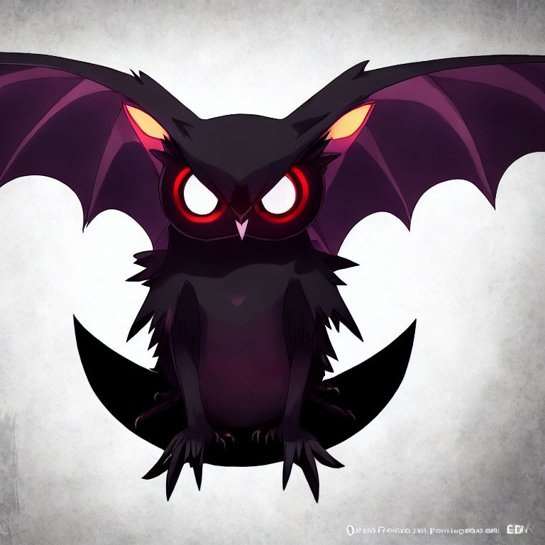 Dark Bat-Like Creature with Red Eyes and Purple Wings on Grey Background