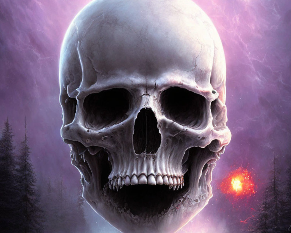 Hyper-realistic giant skull in misty purple forest with figure and red orb.