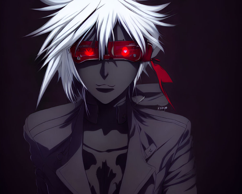 Spiky White Hair Anime Character with Red Goggles and Dark Jacket