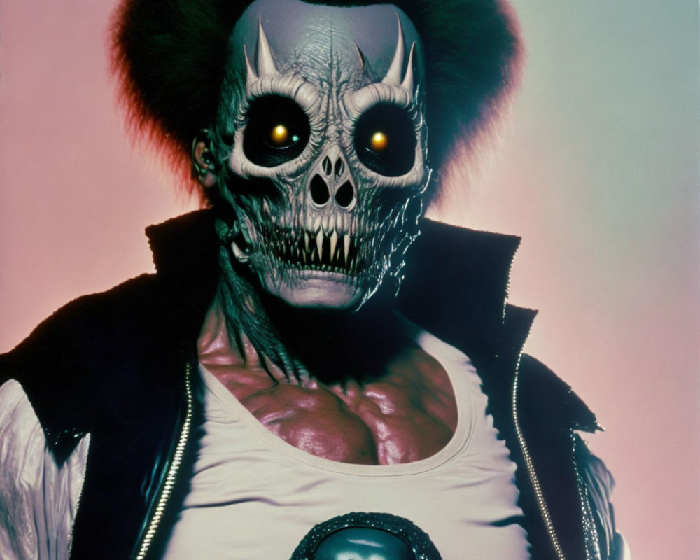 Person in Skull Mask with Glowing Eyes and Green Wig in Punk Leather Outfit