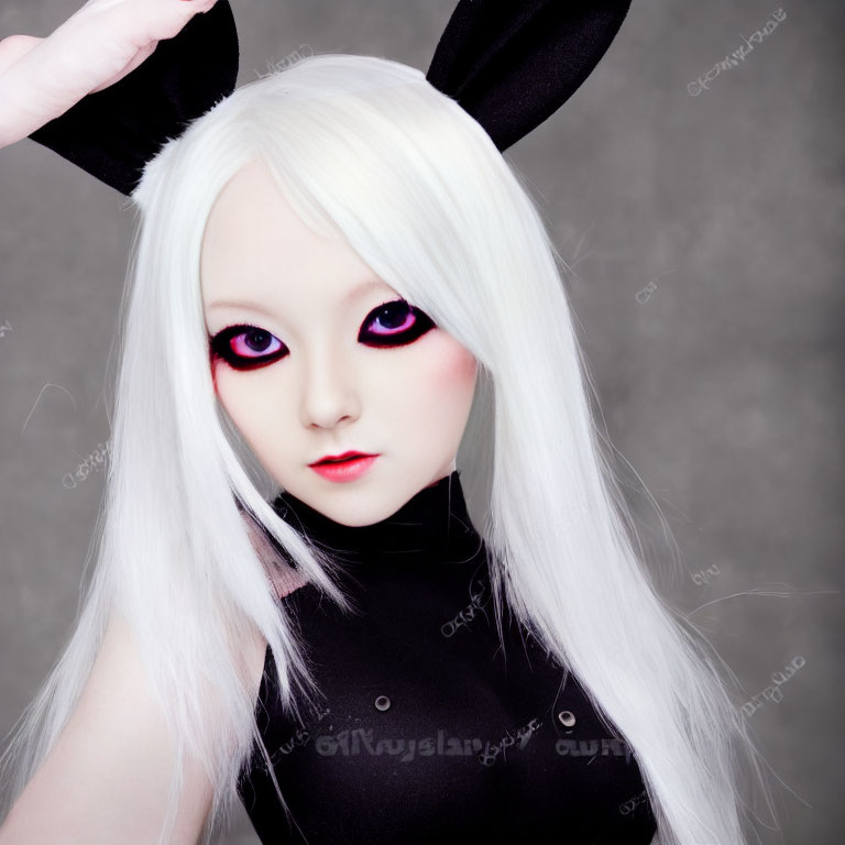 Person with Pink Eyes and Bunny Ears on Grey Background