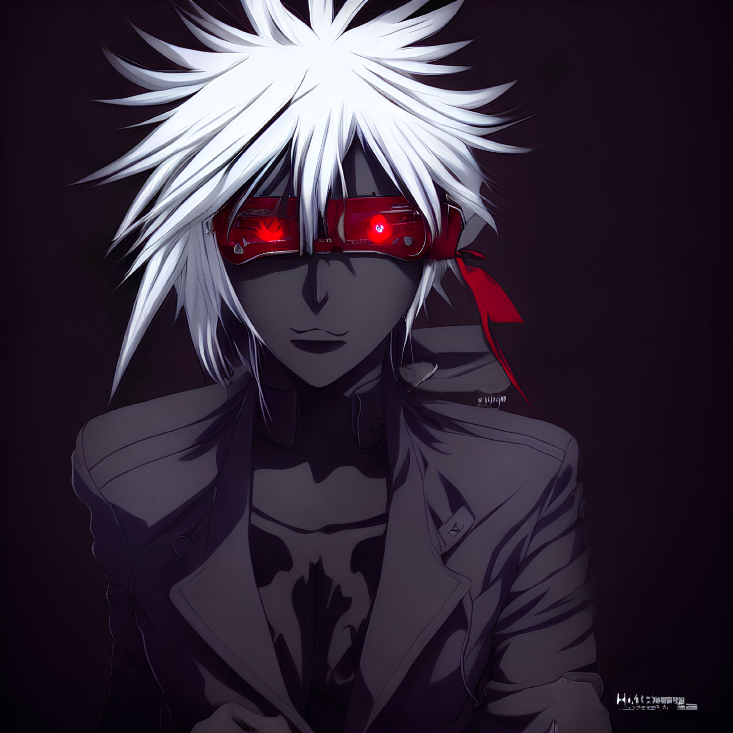 Spiky White Hair Anime Character with Red Goggles and Dark Jacket