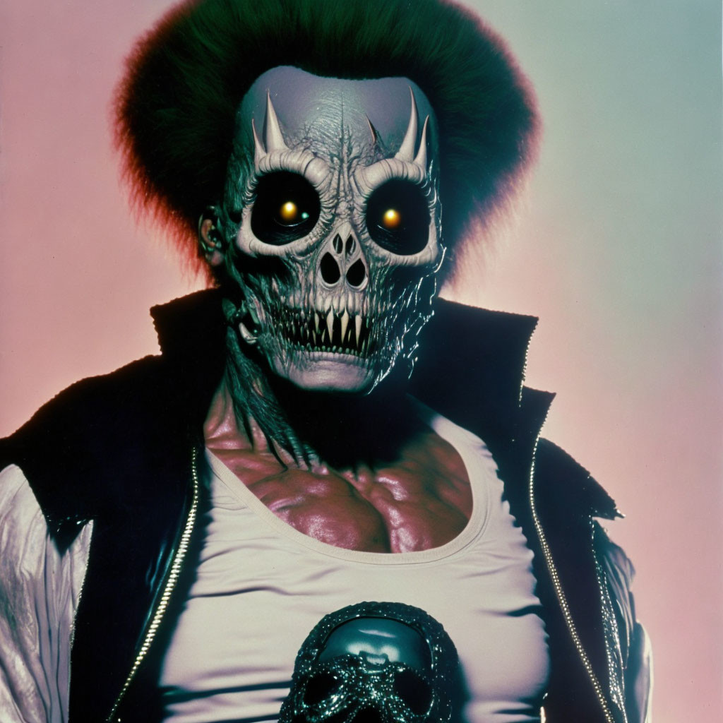 Person in Skull Mask with Glowing Eyes and Green Wig in Punk Leather Outfit