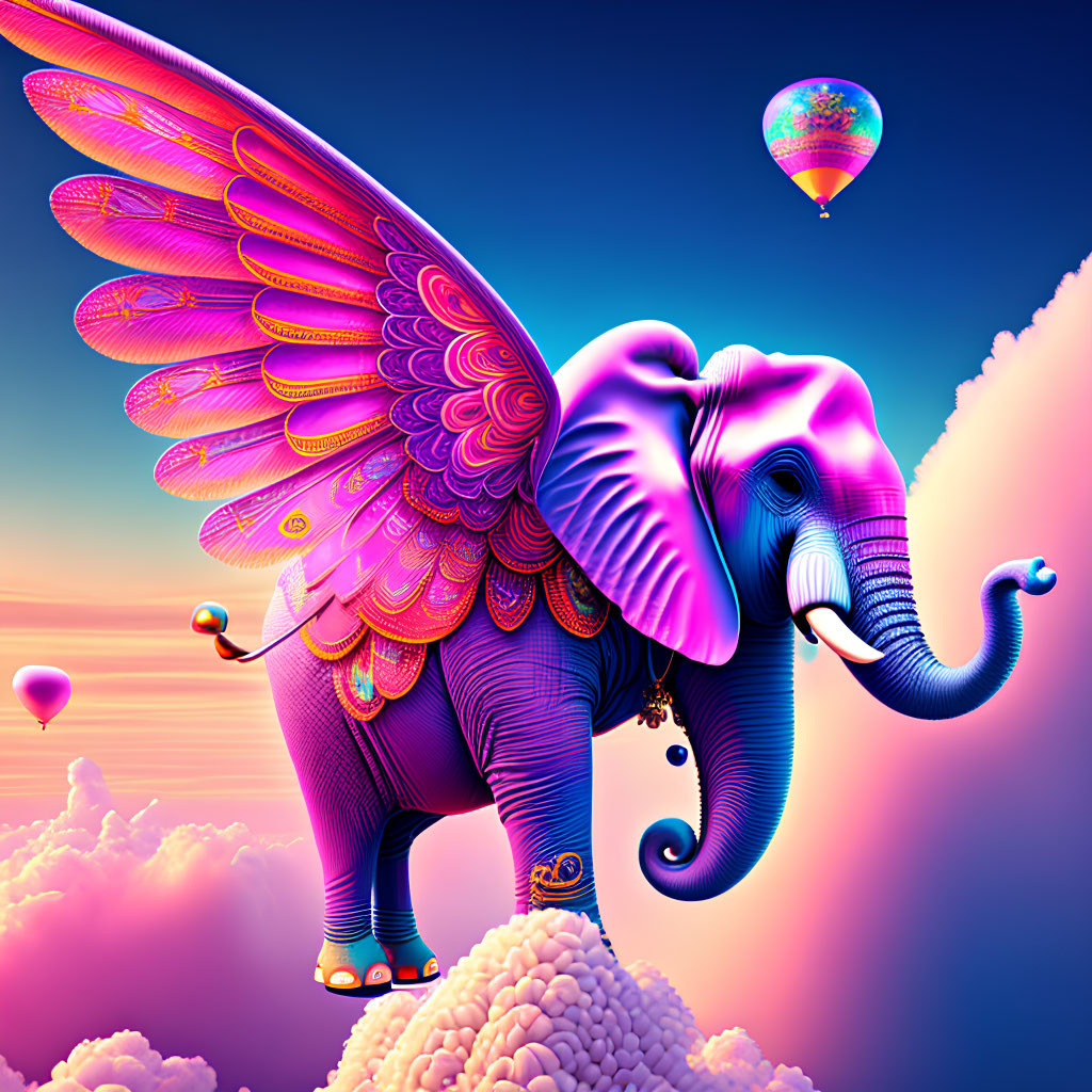 Colorful Digital Artwork: Winged Elephant on Cloud with Hot Air Balloons