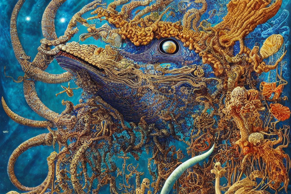 Detailed Fantasy Octopus Artwork with Marine Life in Deep Blue Ocean