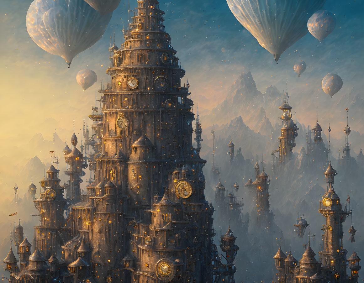 Steampunk cityscape with ornate towers and airships against mountain backdrop