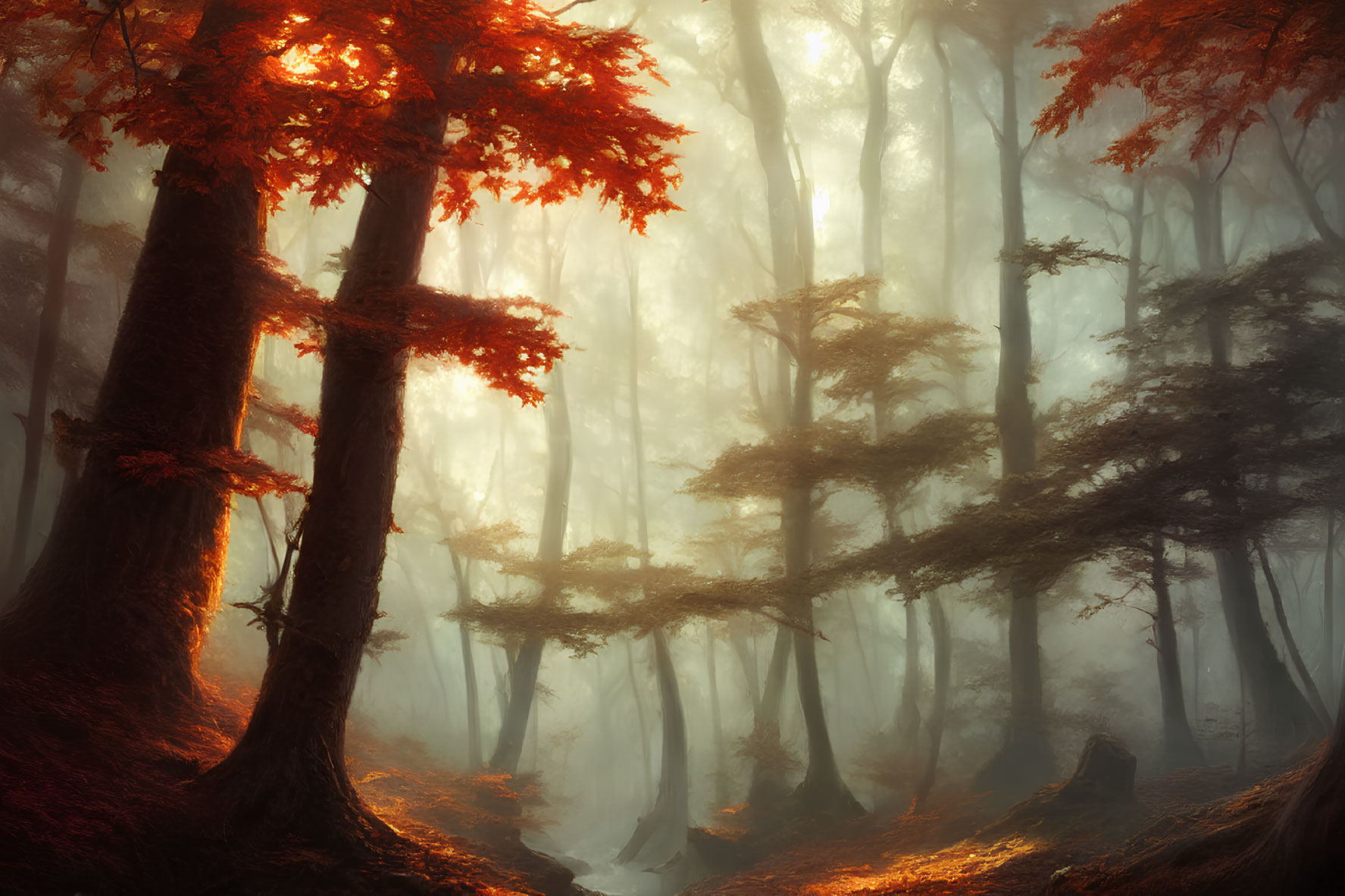 Enchanting forest scene with sunlight through fog and autumn leaves