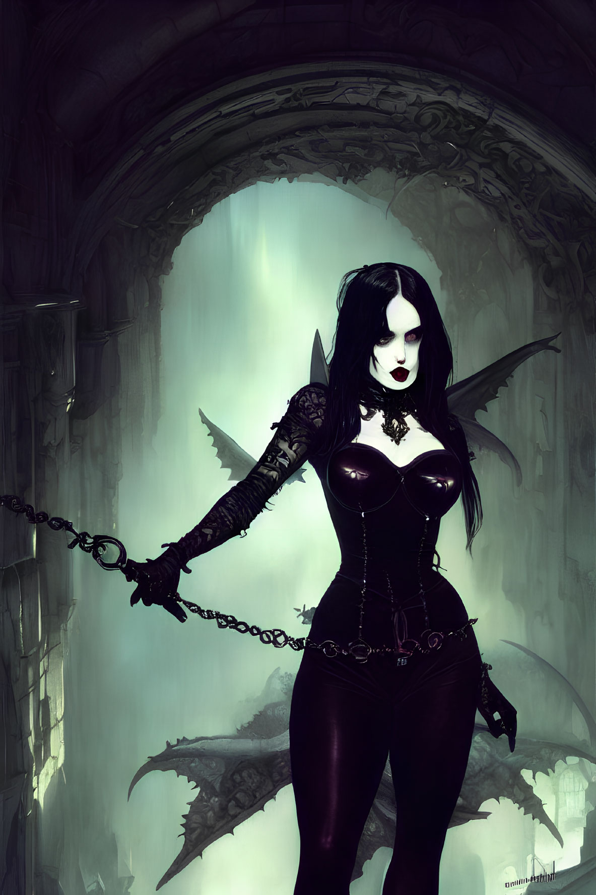 Gothic style female figure with black hair and wings in dark attire holding a chain