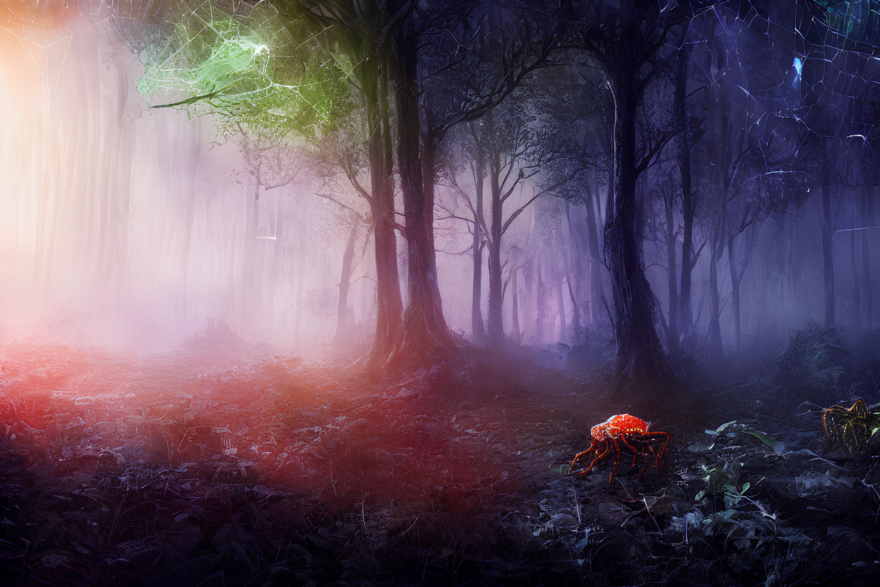 Vibrant mystical forest scene with neon spider and ethereal fog