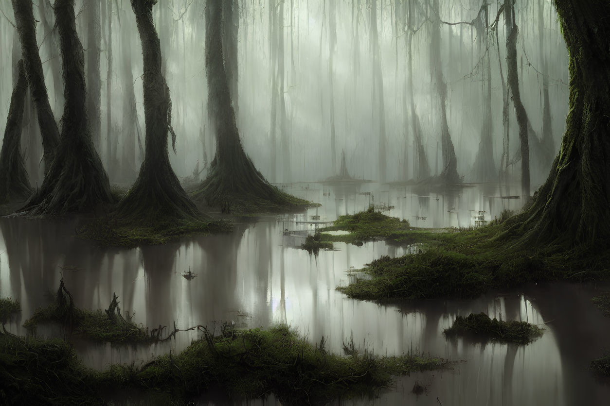 Ethereal misty swamp with towering trees and reflective water