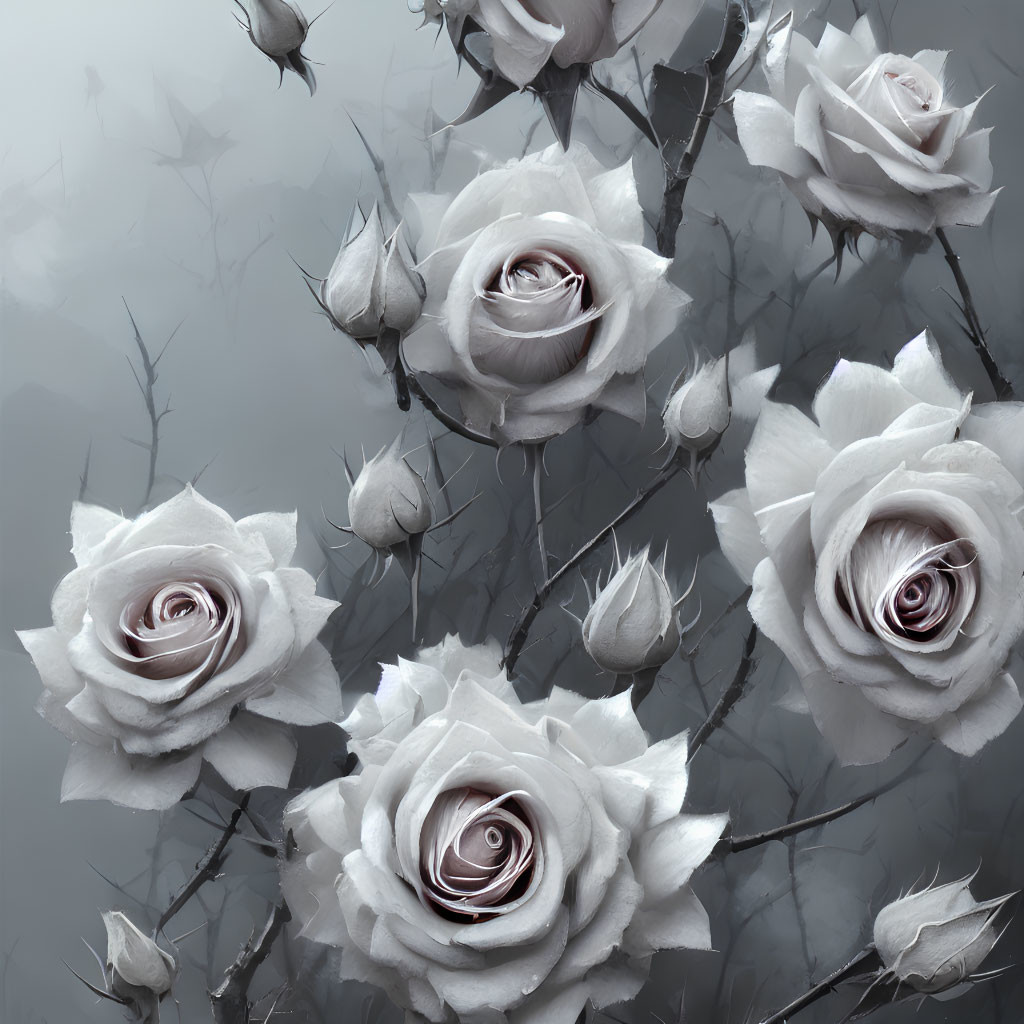 Monochromatic roses with blooming and budding flowers on muted background