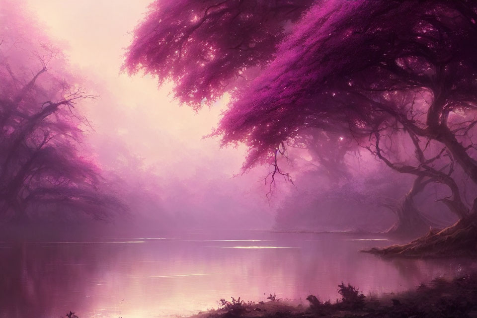 Mystical Purple Forest with Serene River and Vibrant Foliage