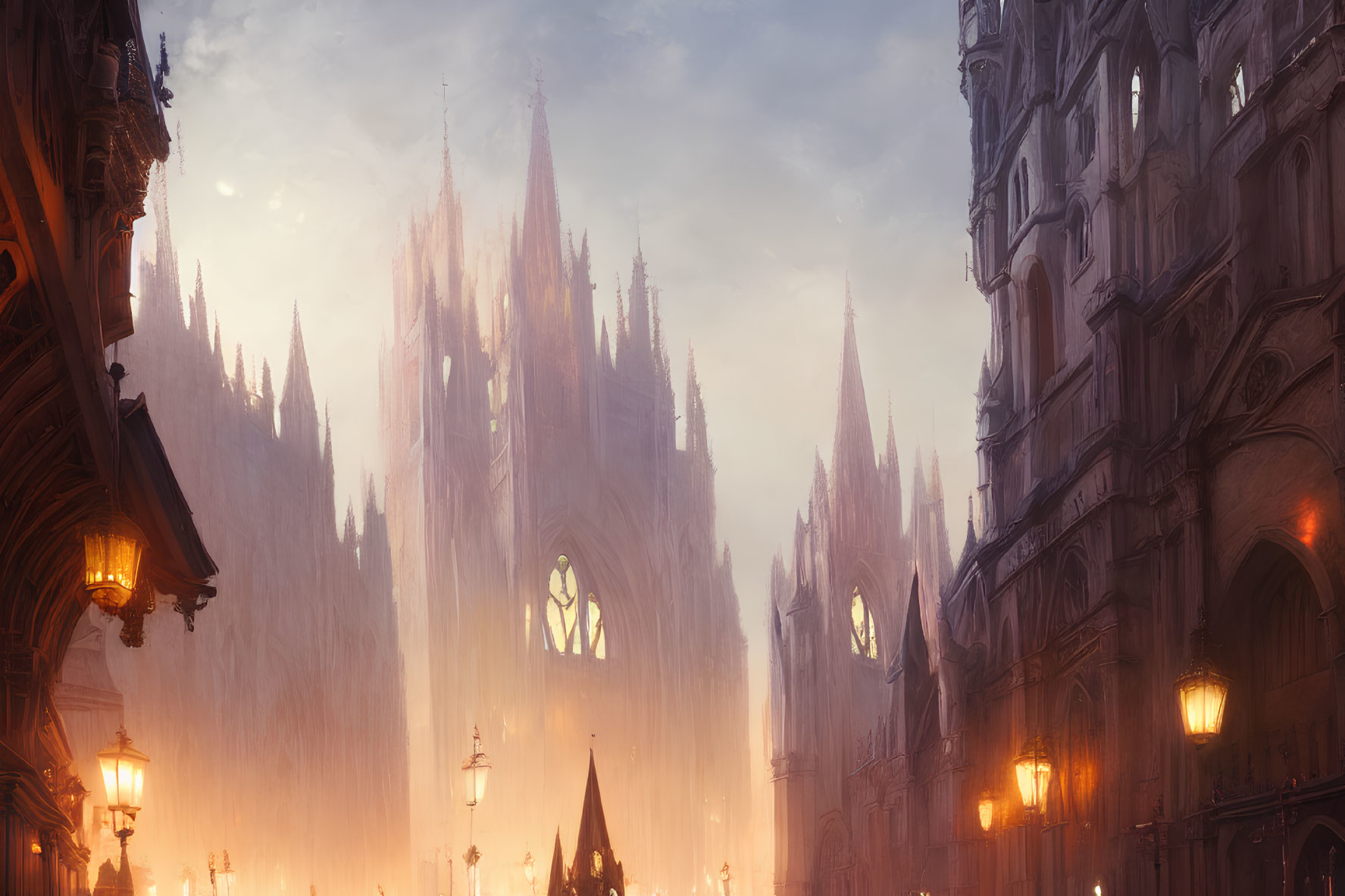 Mystical city with towering Gothic spires in golden mist