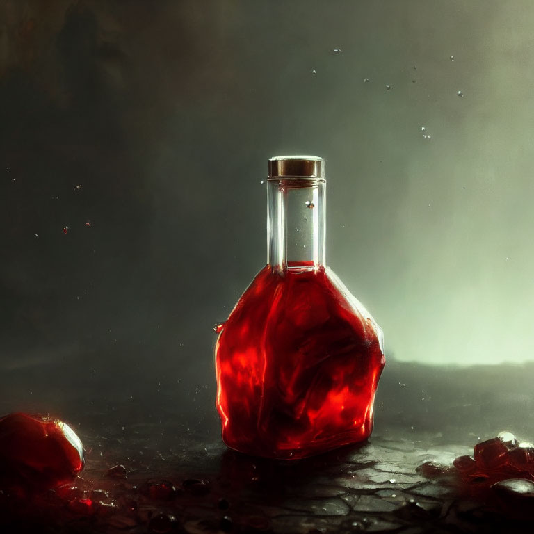 Red Luminescent Potion in Glass Bottle with Stopper and Crimson Crystals