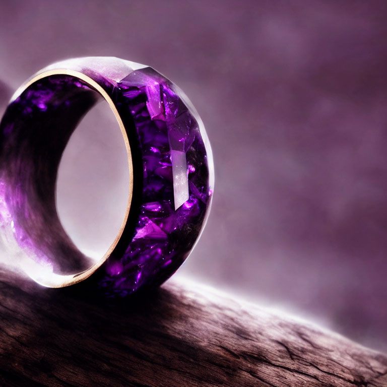 Purple Gemstone Ring on Gold Band Against Wooden Surface & Purple Background