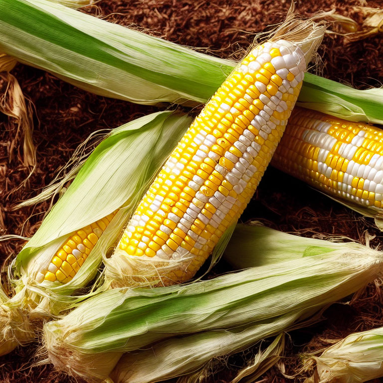 Fresh yellow and white corn kernels with husks and silk.