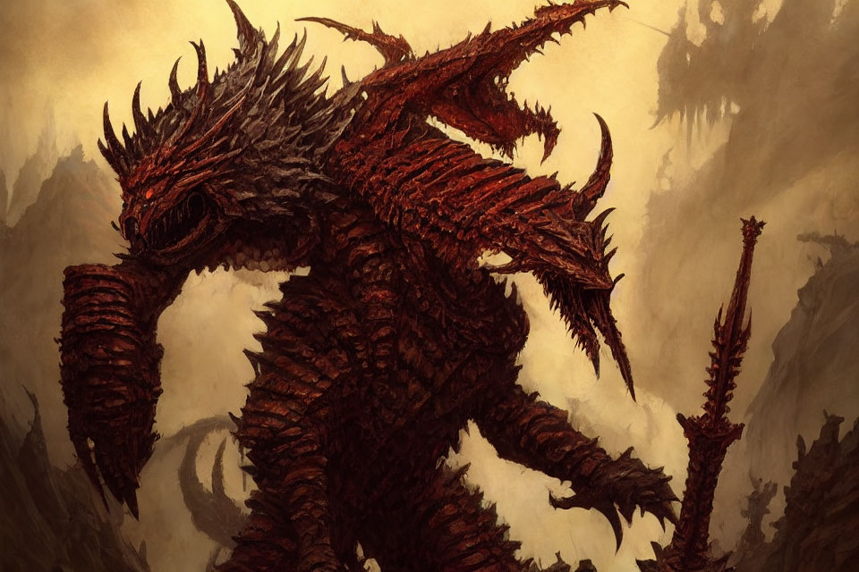 Red Dragon with Spikes and Scales in Ominous Setting