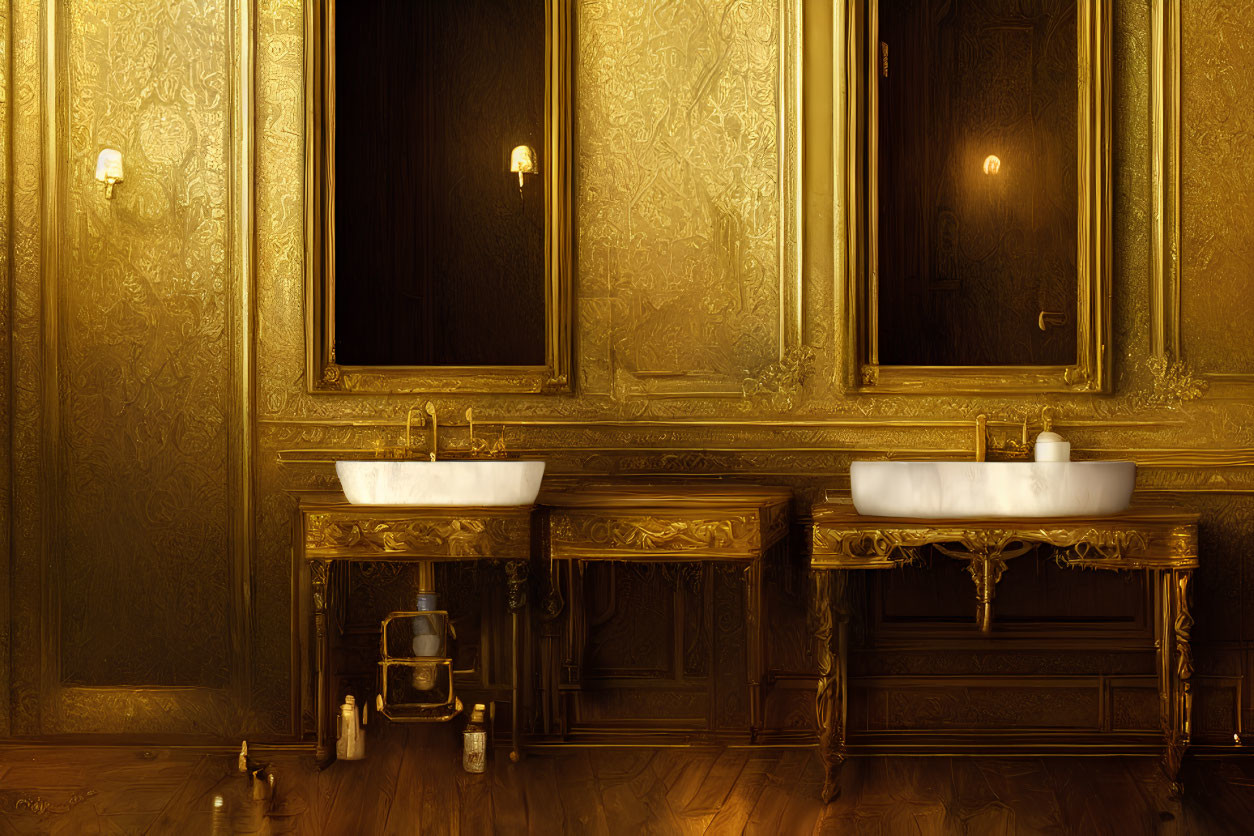 Opulent Vintage Bathroom with Golden Walls and Ornate Vanities