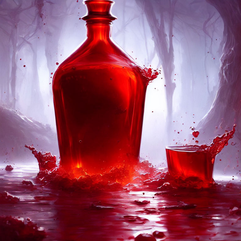 Vibrant red bottle and cup with splashing liquid in misty forest setting