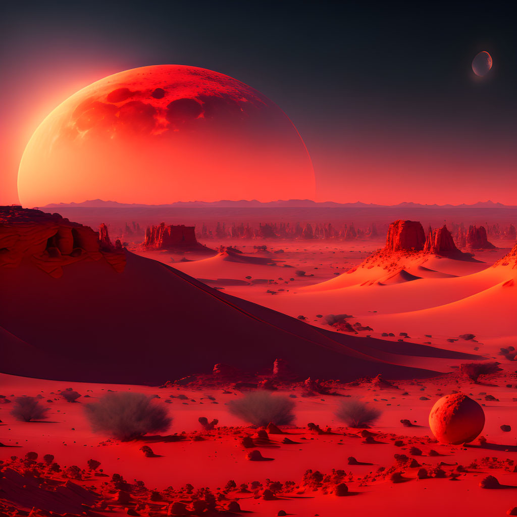 Surreal red desert landscape with towering sand dunes and giant moon