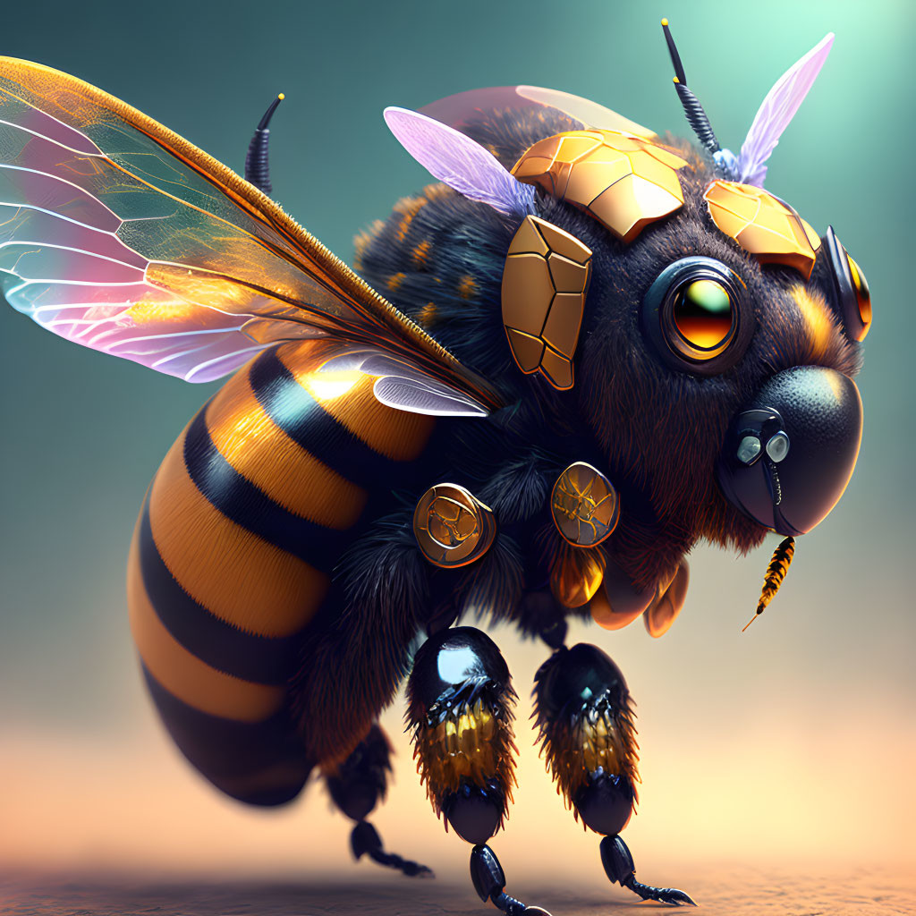 Detailed illustration of mechanical bee with vibrant eyes and golden gear, accompanied by smaller bees in colorful background