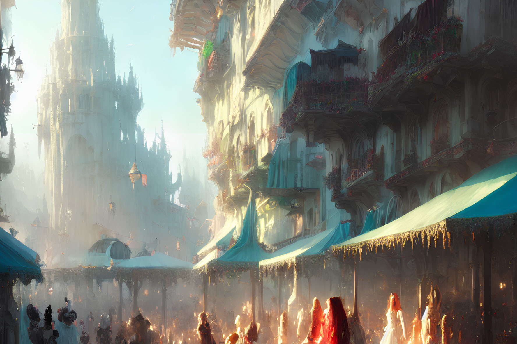 Medieval fantasy market with glowing orbs and towering spires