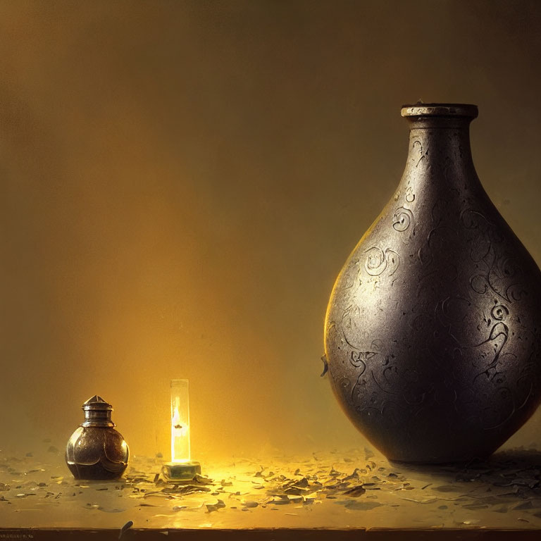 Ornate vase, small pot, lit candle on petal-scattered surface