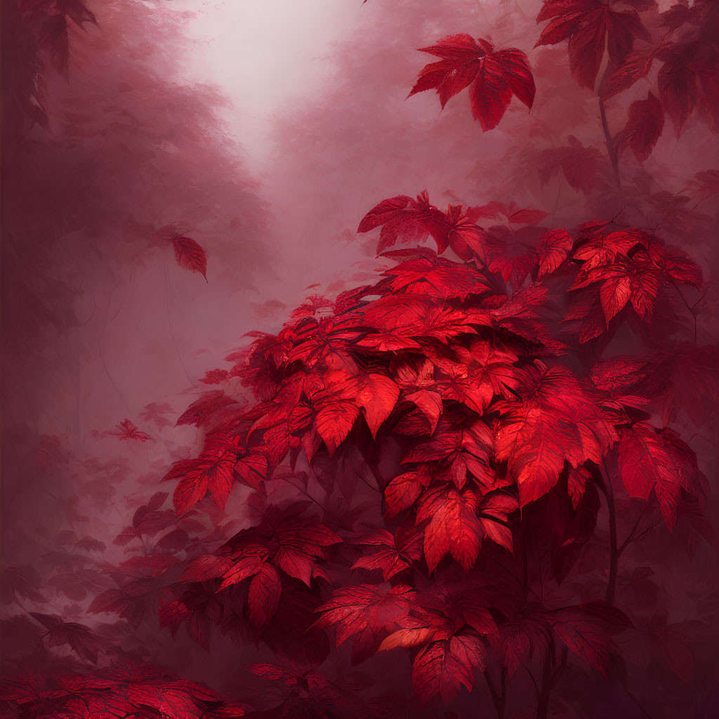 Vibrant red foliage with detailed leaves on misty red backdrop