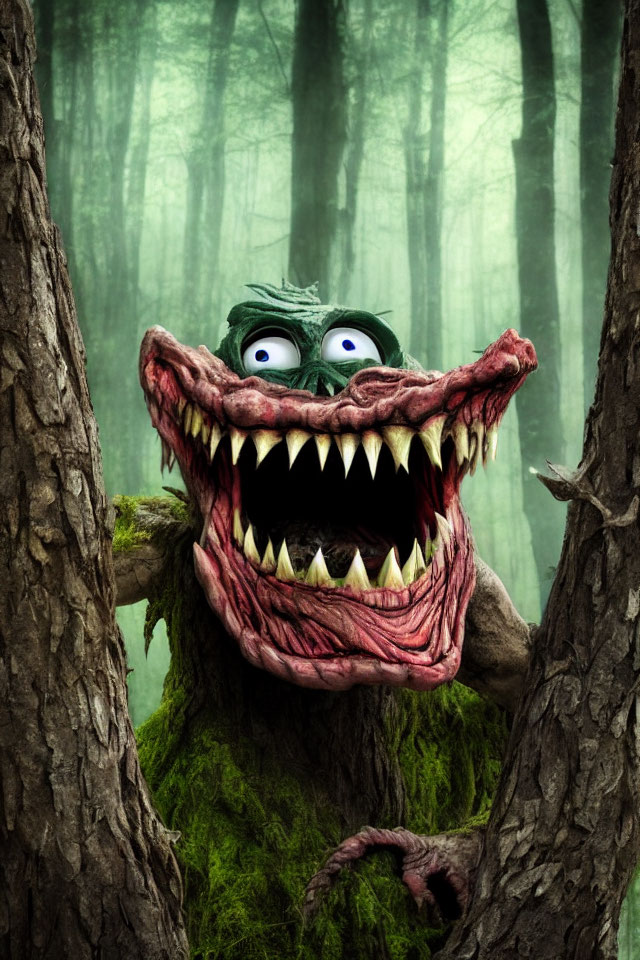 Colorful Cartoon Monster Peeking in Foggy Forest